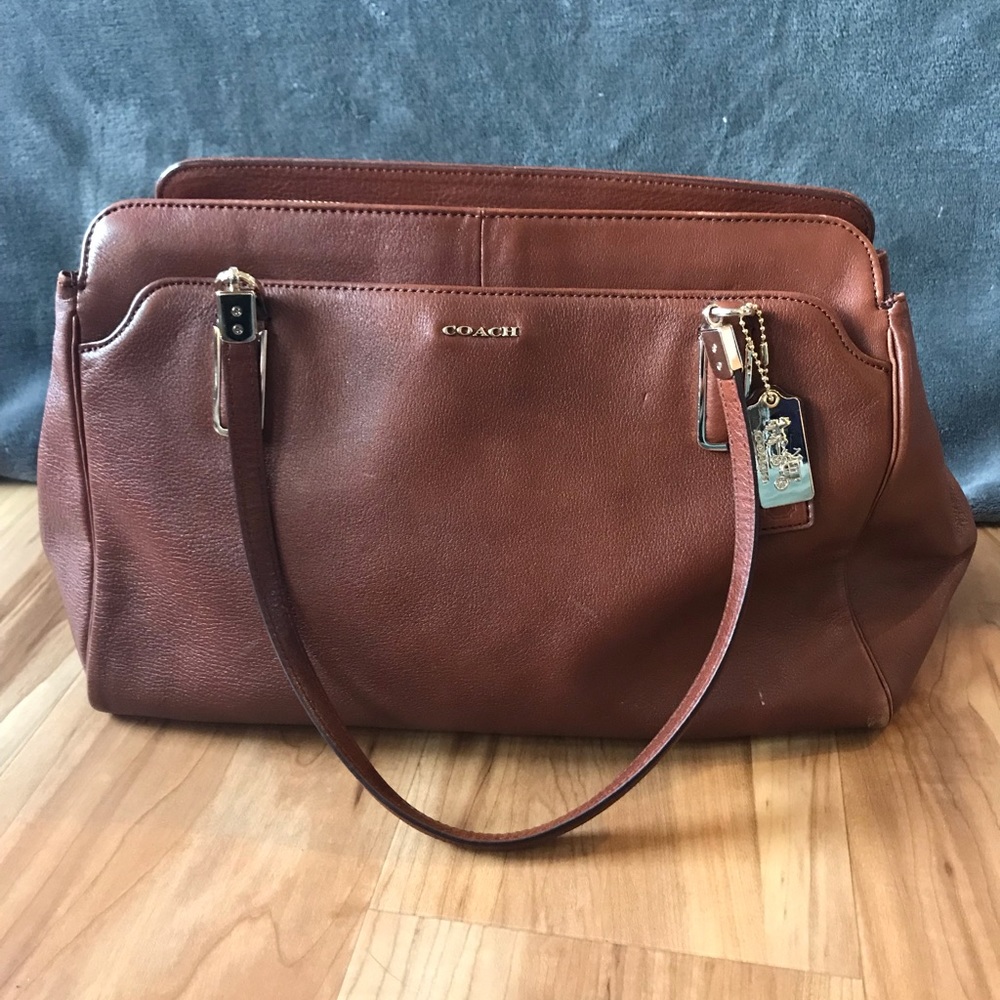 Large coach purse. leather, satin, gold accent